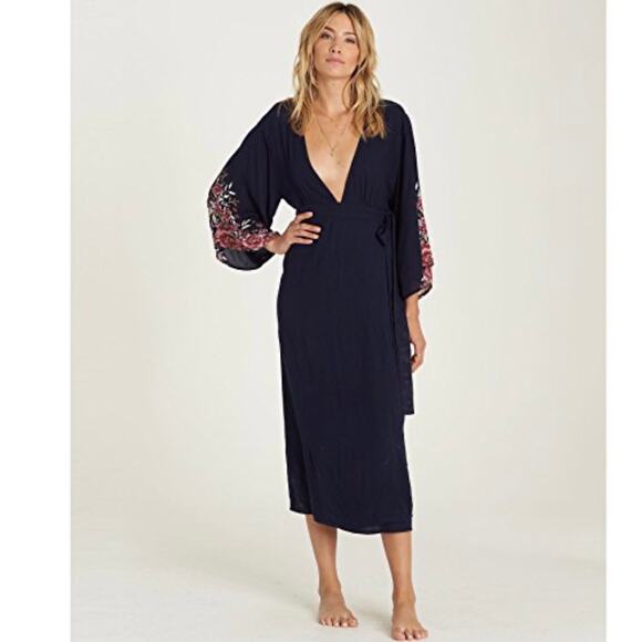 Billabong Women Floral Wrap/Kimono Midi Dress Sz.Lrg Blue Boho Casual beachy EUC - Picture 1 of 10